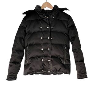 Down Feather Filled Insulated Puffer Snap Zipper Puffy Black Hooded Jacket Small